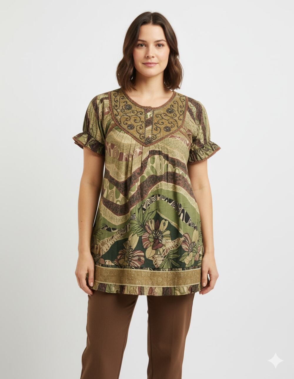 Babydoll embroidered earthy tone Top size large beads ,lace, puff sleeves ,Boho
